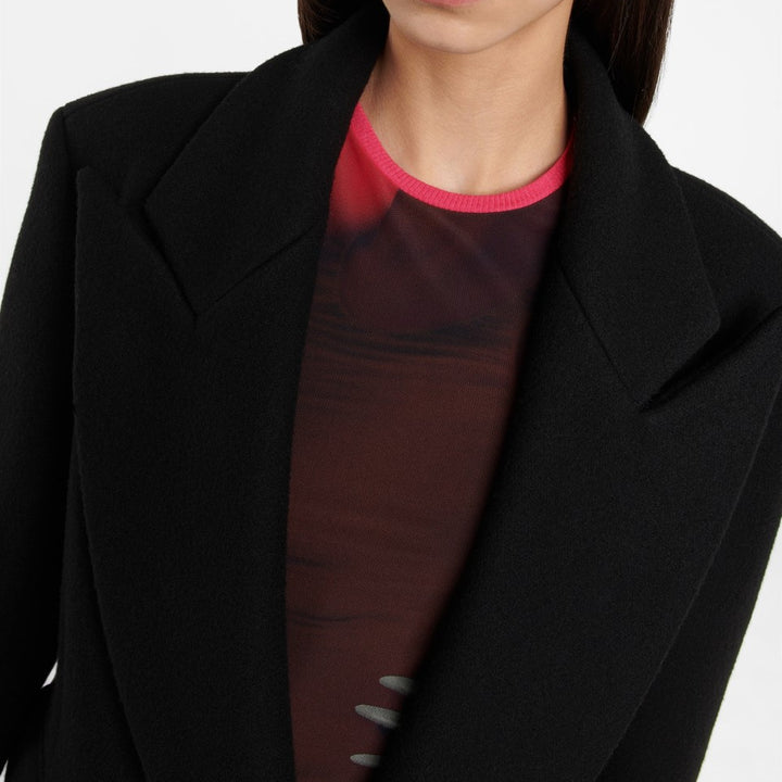 Women's Floor-Length Longline Single-Breasted Wool Blend Coat with Distinctive Shoulder Design Mune Fashion