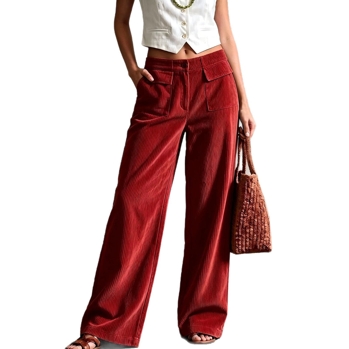 Women's Wide Cord Palazzo Pants with High Waist and Flap Pockets Mune Fashion