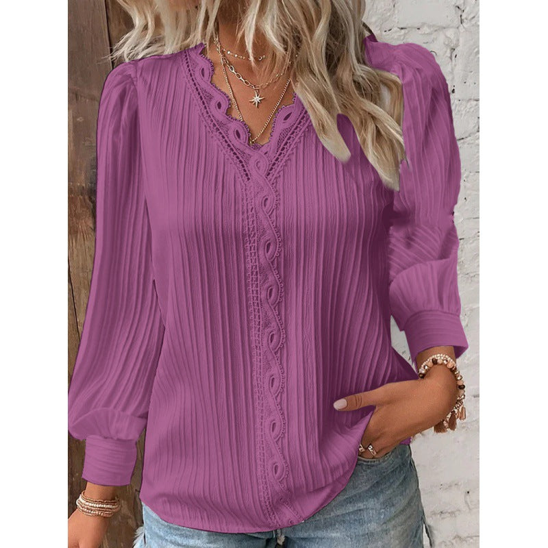 Women Pleated V-Neck Blouse with Lace Trim and Balloon Sleeves Mune Fashion