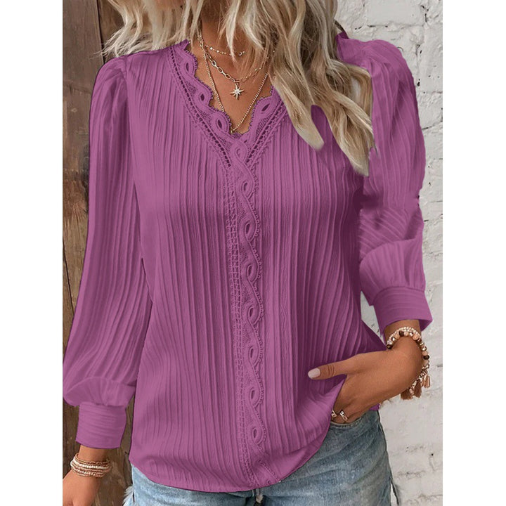 Women Pleated V-Neck Blouse with Lace Trim and Balloon Sleeves Mune Fashion
