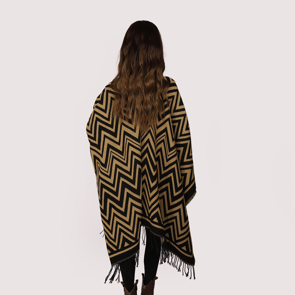 Women's Rectangular Zigzag Wool Blend Wrap with Fringe Hem and Open Fall Mune Fashion