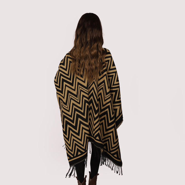 Women's Rectangular Zigzag Wool Blend Wrap with Fringe Hem and Open Fall Mune Fashion