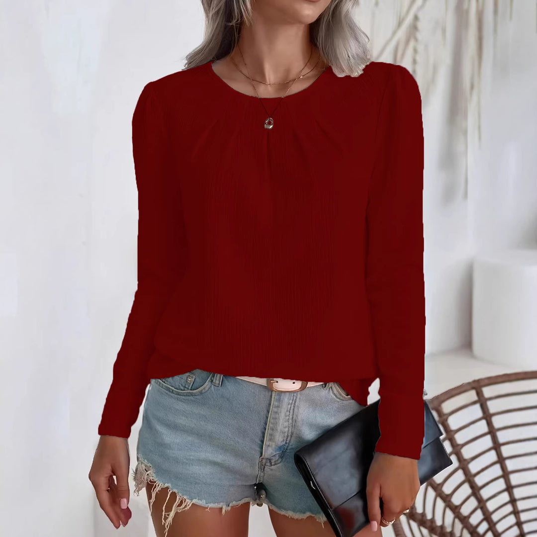 Women's lightweight structured blouse with gathered round neckline and long sleeves Mune Fashion