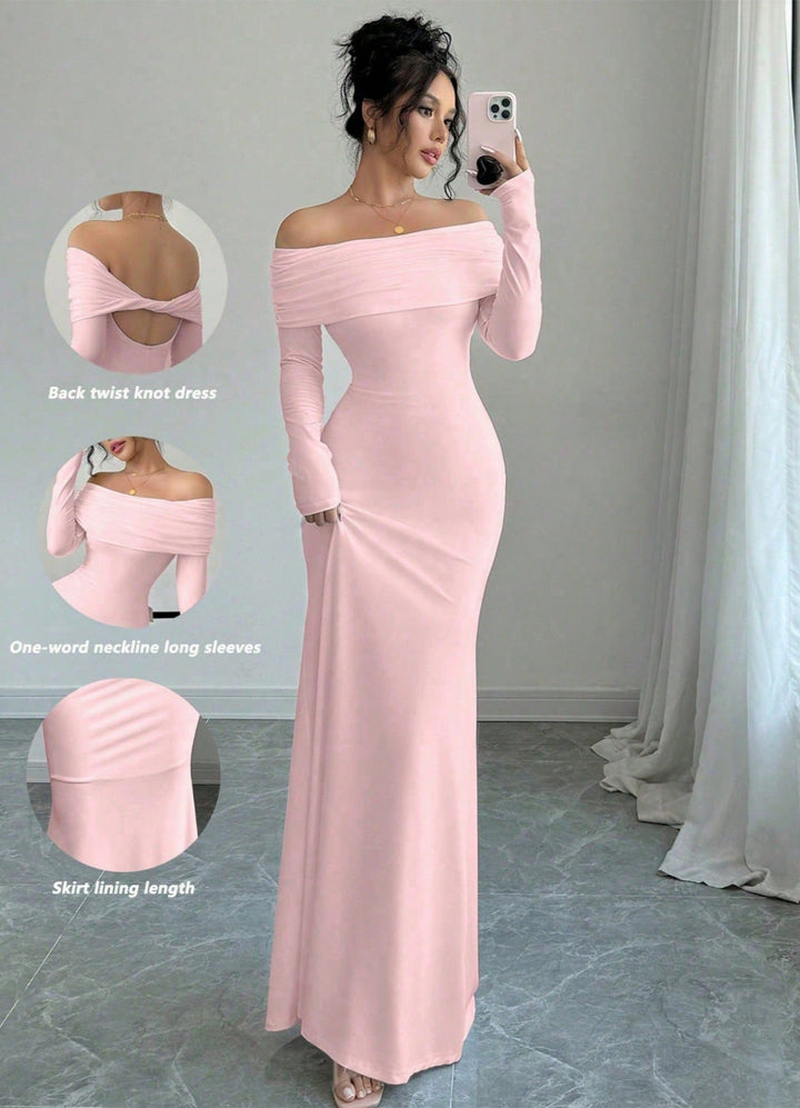 Women's Elegant and Fitted Off-Shoulder Maxi Dress with Long Sleeves Mune