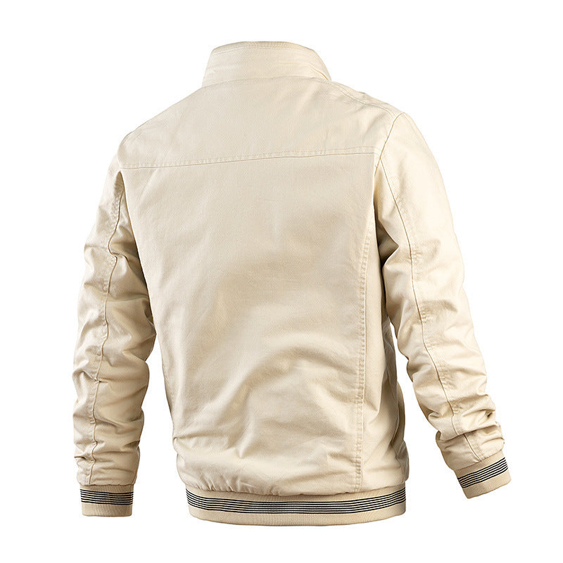 Men's Lightweight Cotton Blend Bomber Jacket with Striped Ribbed Cuffs and Stand-up Collar Mune Fashion