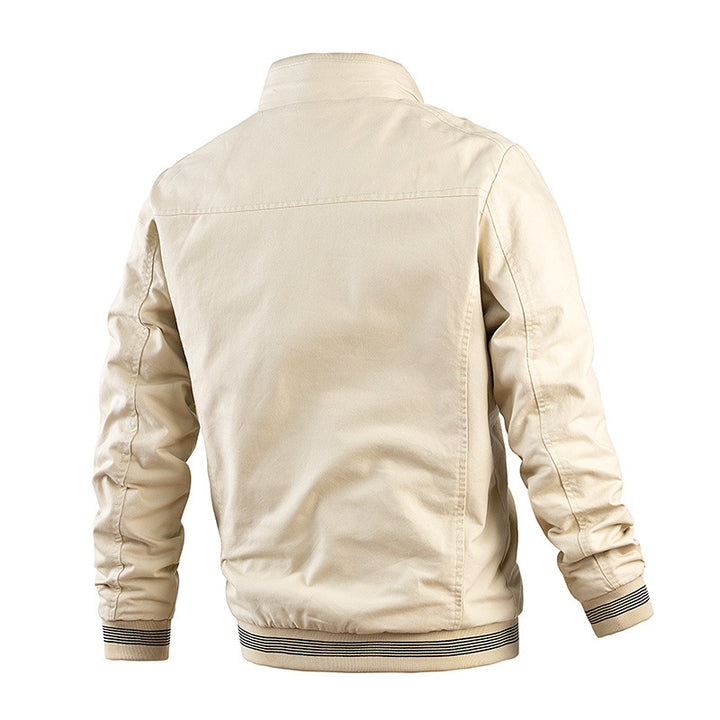 Men's Lightweight Cotton Blend Bomber Jacket with Striped Ribbed Cuffs and Stand-up Collar Mune Fashion