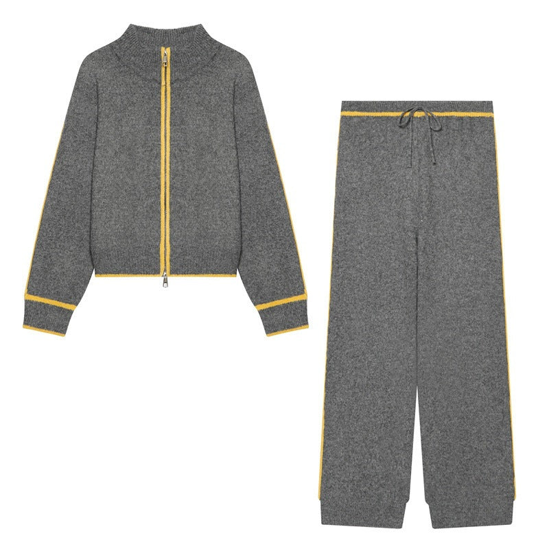 Women Two-Piece Knit Loungewear Set with Short Zip Cardigan and High Waist Palazzo Pants Mune Fashion