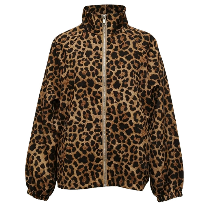 Women's Loose Bomber Jacket in Animal Print with Stand Collar and Elastic Cuffs Mune Fashion
