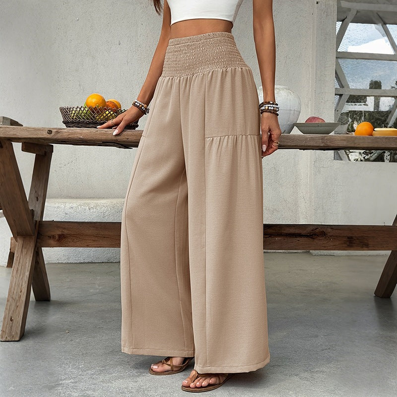 Women's lightweight culotte pants with elastic smocking waistband, wide leg and flowing summer jersey fabric.