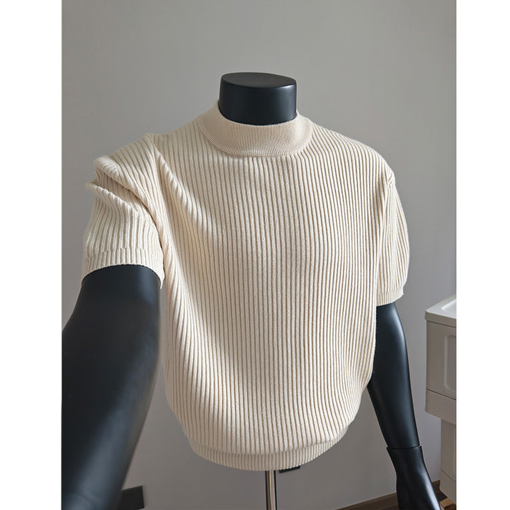Men's short-sleeved ribbed knit shirt with stand-up collar and slim fit Mune Fashion