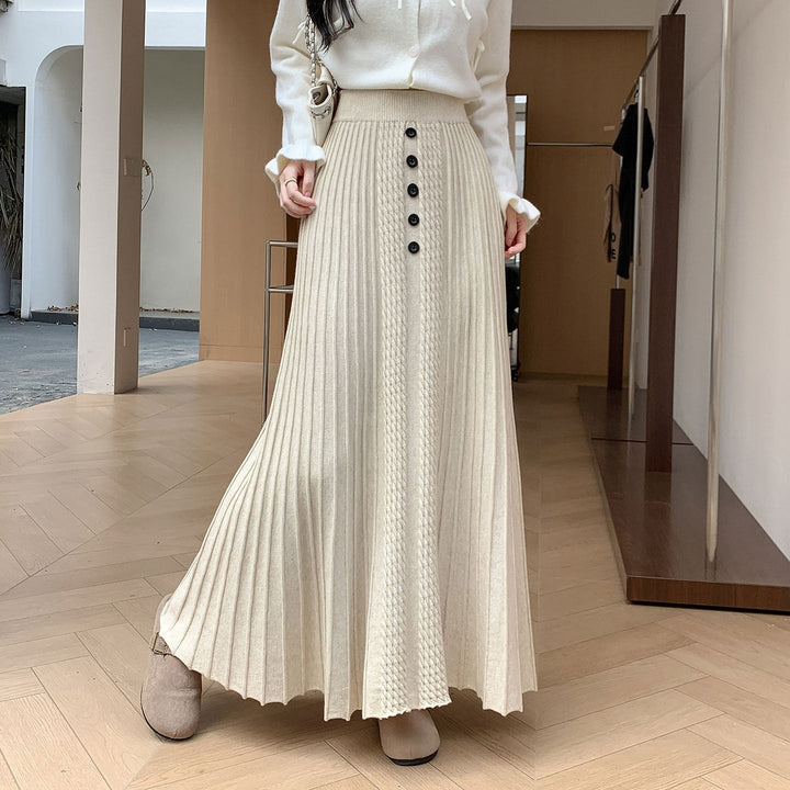 Ladies Elegant Pleated Maxi Skirt with Button Details Mune Fashion