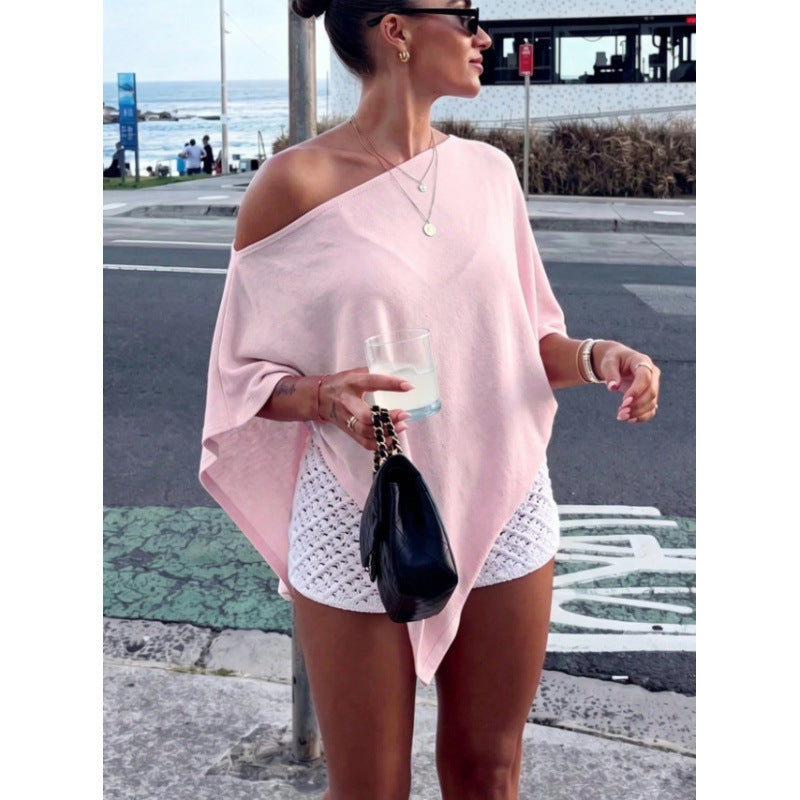Women's Asymmetric Off-Shoulder Poncho Top made of lightweight knit Drune