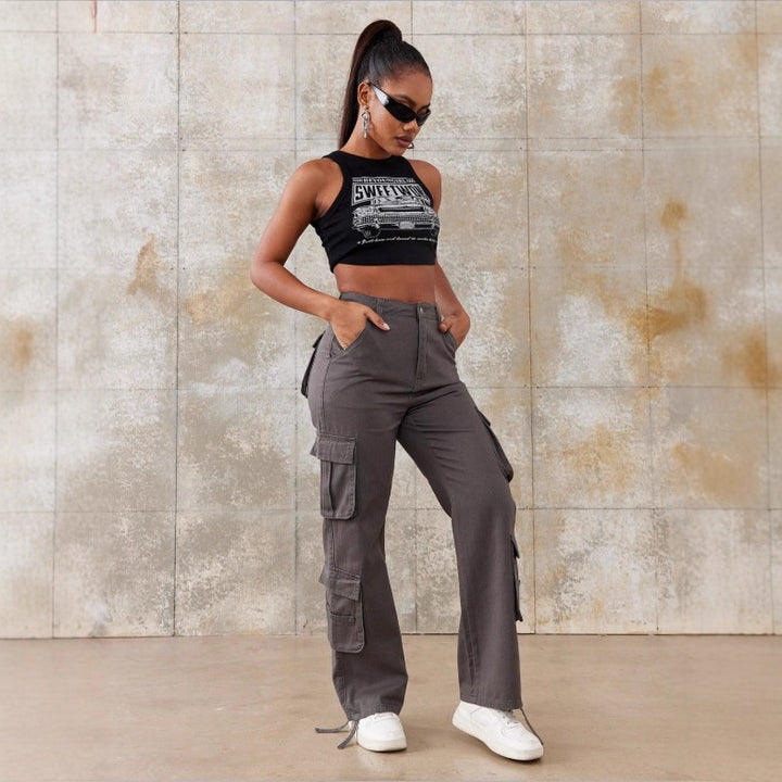 Women's Utility Cargo Pants with Wide Leg, Multiple Pockets and High Waist Fit Mune Fashion