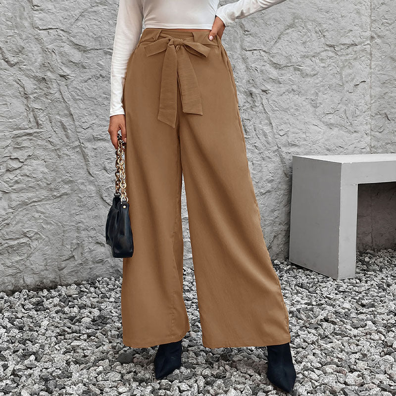 Women Wide High-Waist Pants with Paperbag Waist and Tie Belt Mune Fashion
