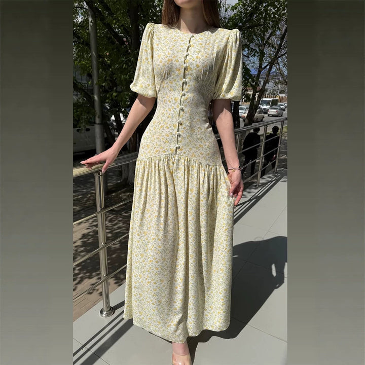 Women's midi dress with puff sleeves, fitted silhouette, and buttoned bodice Mune Fashion