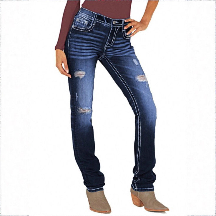 Women Sculpting Straight Denim with contrasting seam details and destroyed details Mune Fashion