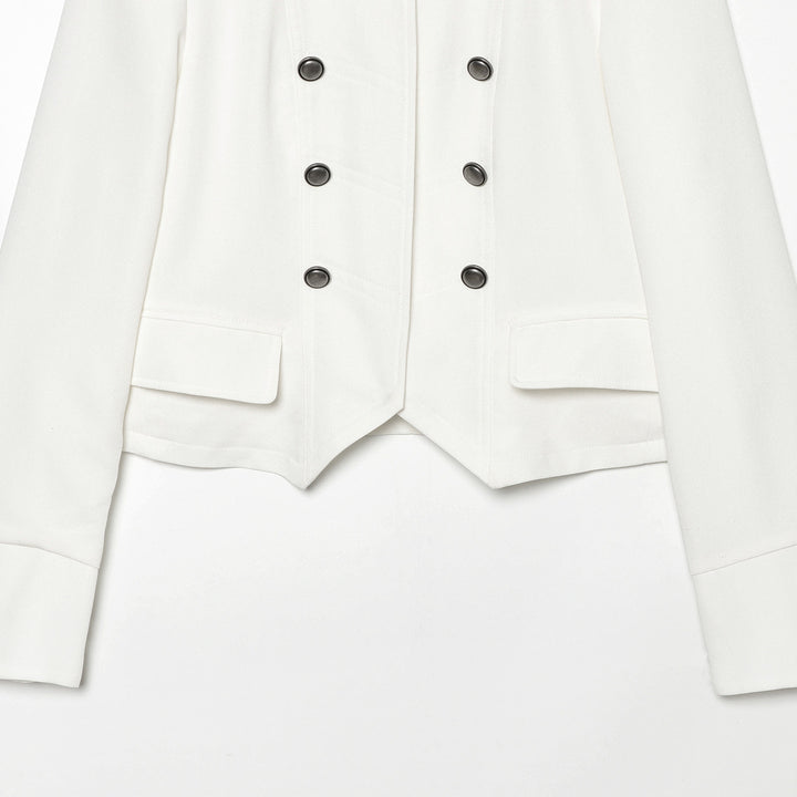 Women Short Military-Inspired Double-Breasted Jacket with Stand Collar and Flap Pockets Mune Fashion