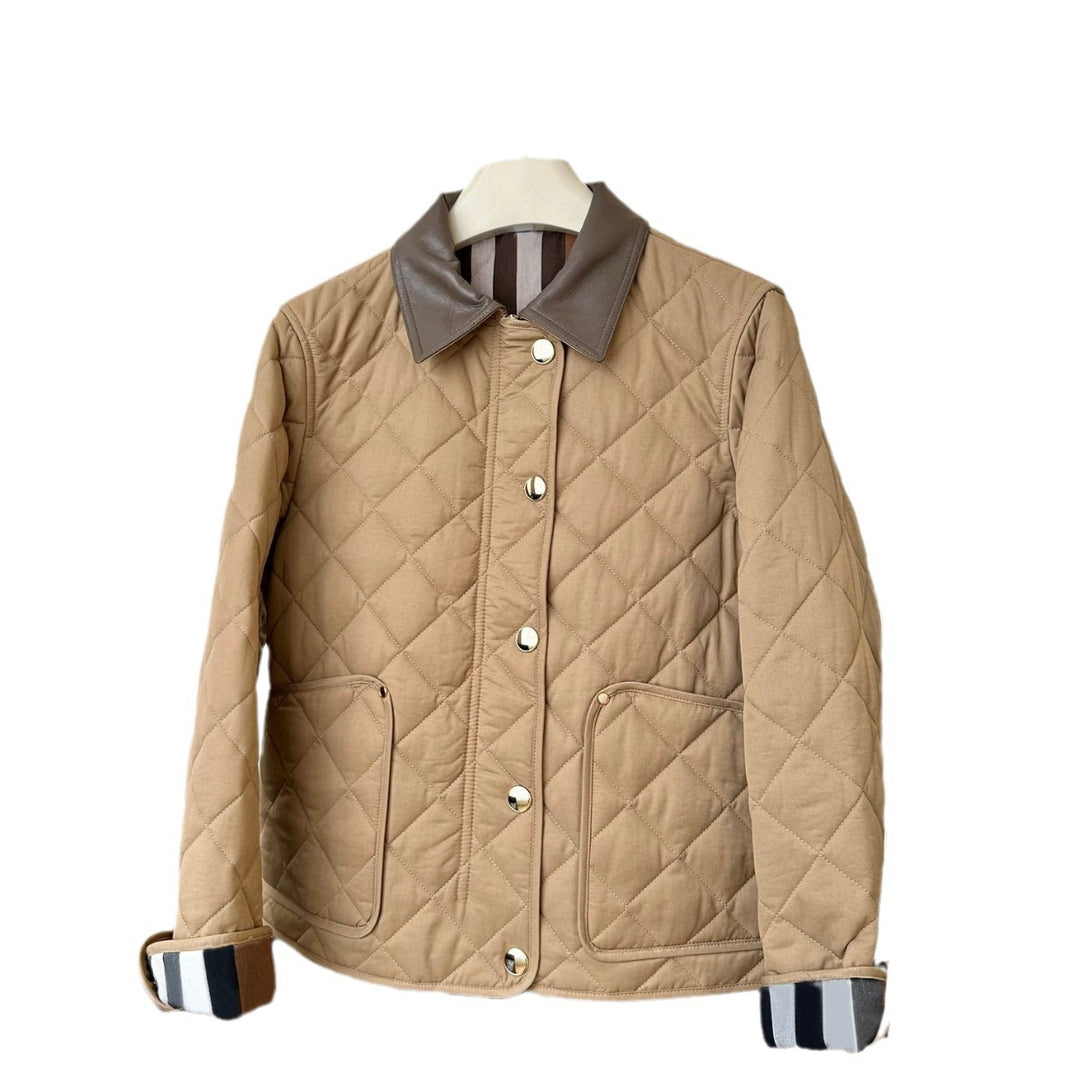 Ladies fashionable quilted jacket with elegant leather collar Mune Fashion