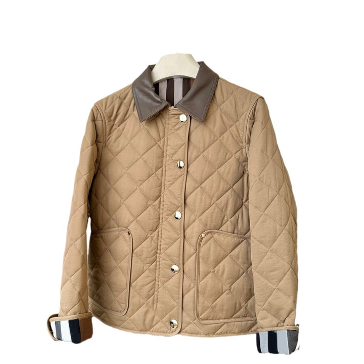 Ladies fashionable quilted jacket with elegant leather collar Mune Fashion