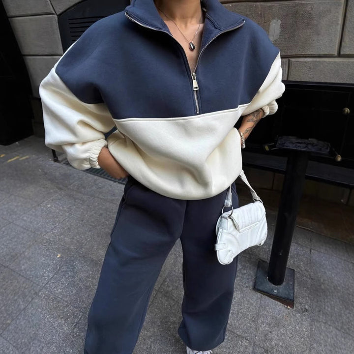 Women's Oversized Two-Tone Half-Zip Loungewear Set with Stand Collar and Wide Palazzo Jogger Mune Fashion