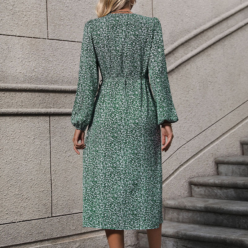 Women Floral Wrap Midi Dress with Asymmetrical Button Placket and Gathered Waist Mune Fashion