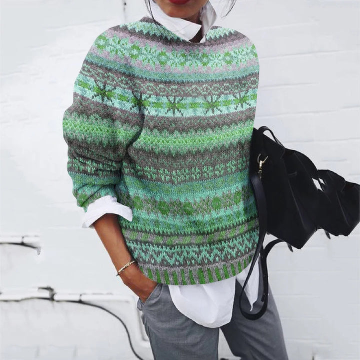 Women's patterned knit sweater with round neck, Fair Isle pattern, and casual oversized fit Mune Fashion