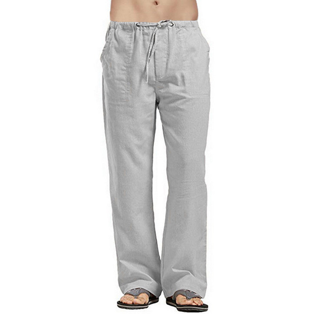 Men's Casual Linen Pants with Drawstring Waist and Straight Leg Mune Fashion