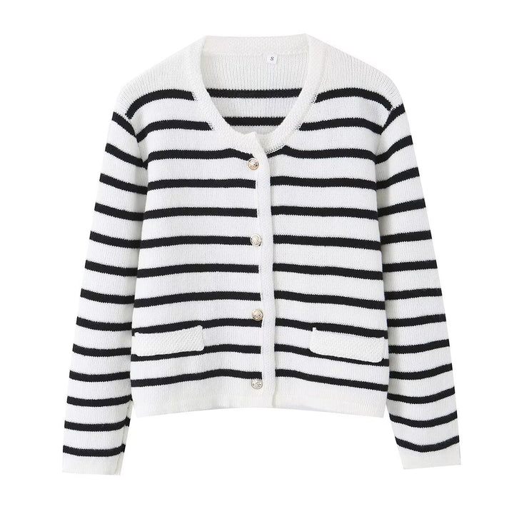 Women Striped Cardigan with Round Neck, Decorative Button Placket and Patch Pockets Mune Fashion