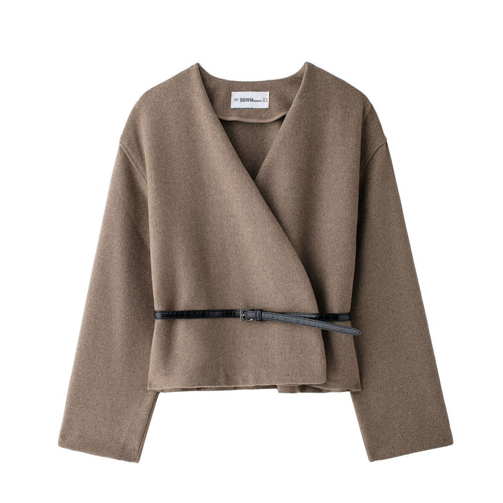 Women's short wrap coat made of wool blend with deep shawl collar and narrow waist belt Mune Fashion