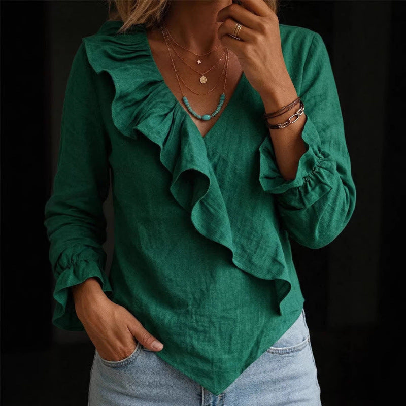 Women's Ruffle Blouse in Linen Look with Wrap Effect and Asymmetric Hem Mune Fashion