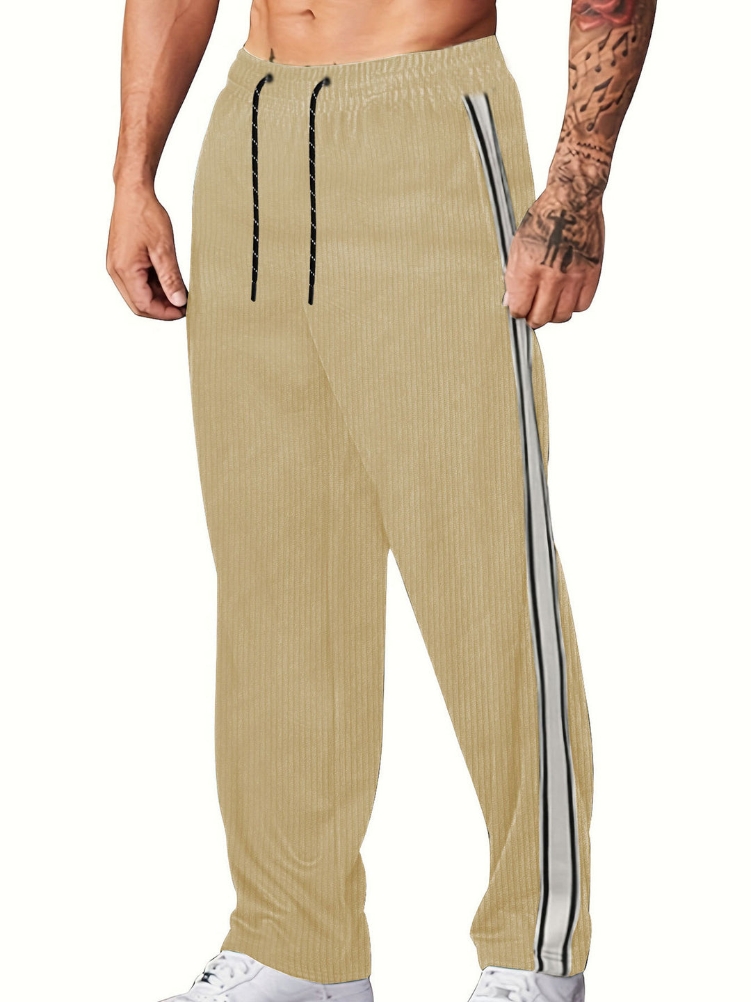 Men's knitted relaxed joggers with wide leg, side piping, and elastic drawstring waistband Mune Fashion