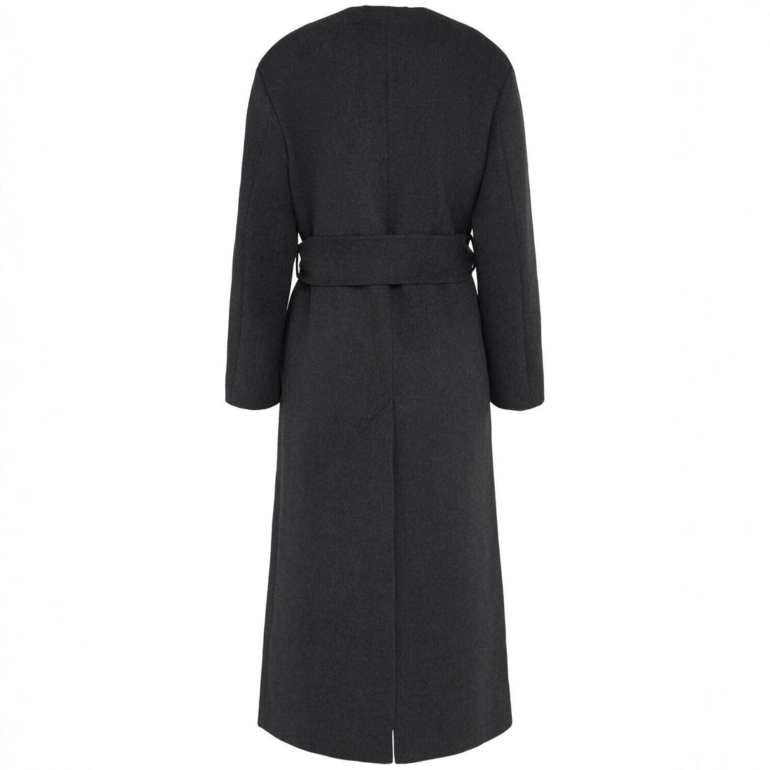 Women's Long Wool Coat with Tie Belt and V-Neck Mune Fashion