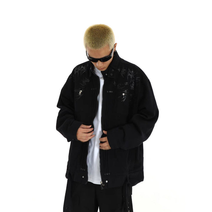 Men's Oversized Utility Jacket with Embroidery, Stand Collar, Zipper and Long Straps Mune Fashion