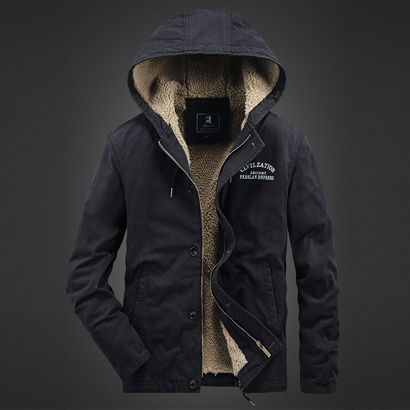 Men's Canvas Hooded Jacket with Sherpa Lining, Concealed Two-Way Zipper and Utility Details Mune Fashion