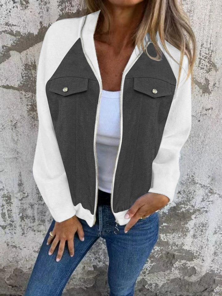 Women's Hooded Sweat Jacket with Denim Look Front, Chest Pockets and Zipper Mune Fashion