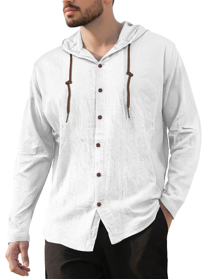 Men's textured linen blend hooded shirt with button placket, wood buttons, and side slits Mune Fashion