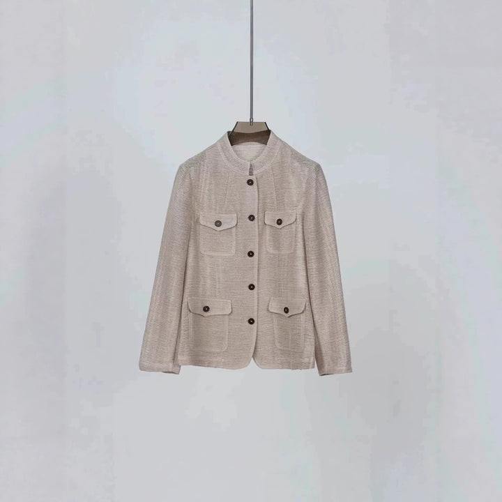 Women's Lightweight Crochet Look Transition Jacket with Round Collar and Flap Pockets Mune Fashion