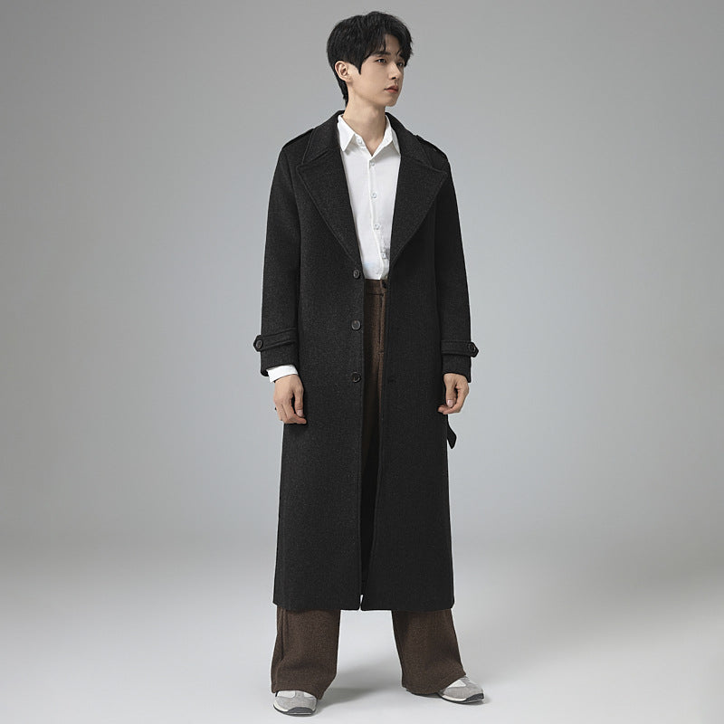 Men's maxi-length wool blend coat with tailored silhouette, shawl collar, and decorative shoulder straps Mune Fashion