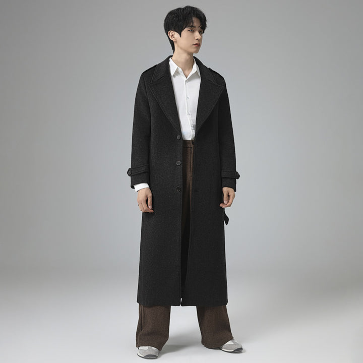 Men's maxi-length wool blend coat with tailored silhouette, shawl collar, and decorative shoulder straps Mune Fashion