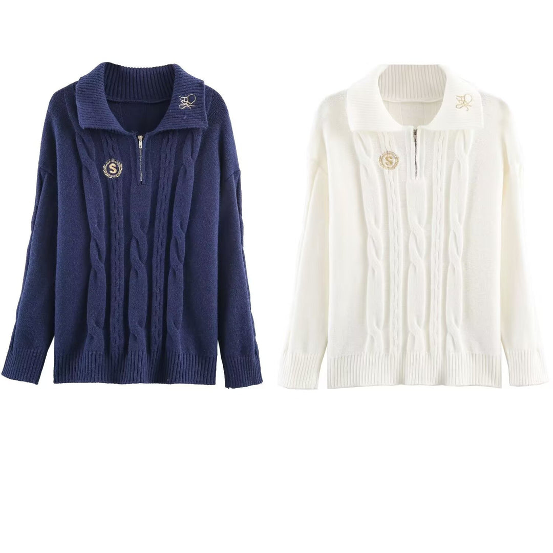 Women's Oversize Cable Knit Pullover with Half Zipper and Shawl Collar Mune Fashion