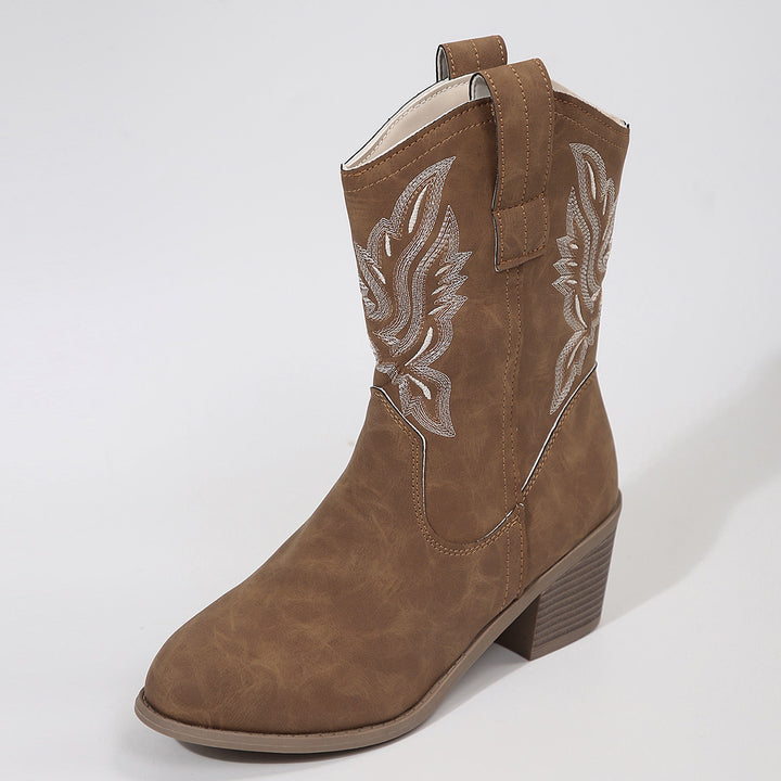 Women’s Western Ankle Boot with Embroidered Shaft and Medium Block Heel Mune Fashion