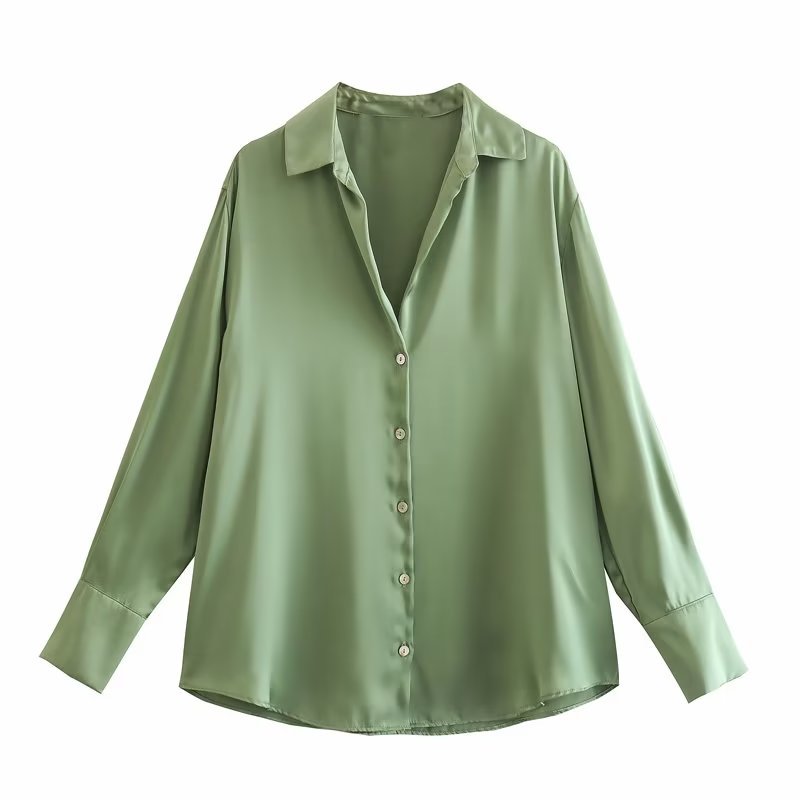 Ladies Oversized Satin Blouse with Shirt Collar and Wide Cuffs Mune Fashion