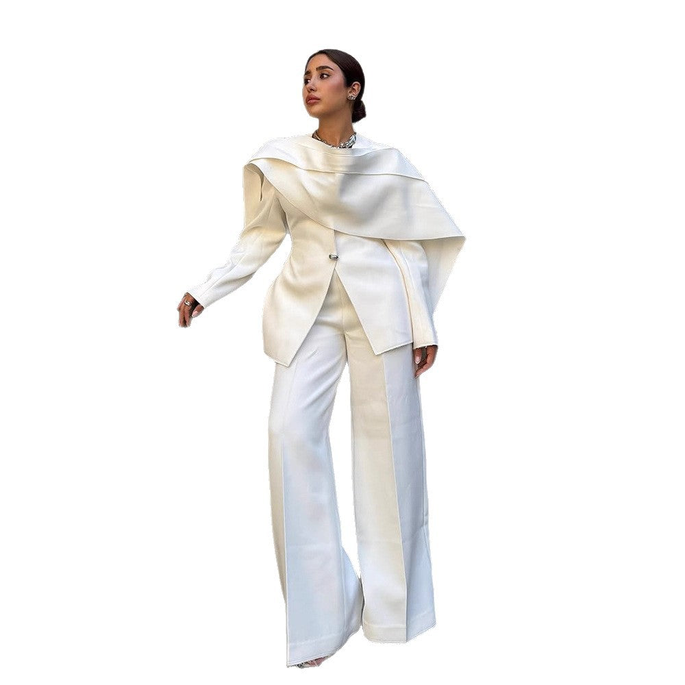 Women's Tailored Blazer with Overlapping Cape Collar Mune Fashion