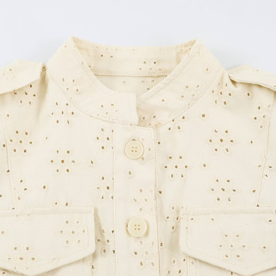 Women's short jacket made of lace embroidery with stand-up collar, utility pockets, and boxy cropped silhouette Mune Fashion