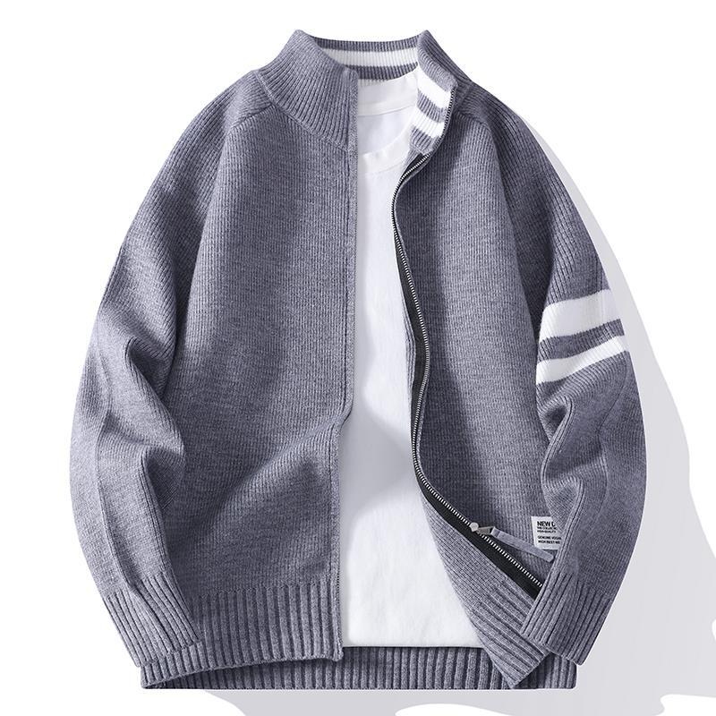 Men's knitted zip cardigan in college style with striped sleeve band and ribbed stand-up collar Mune Fashion