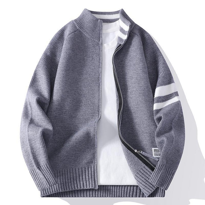Men's knitted zip cardigan in college style with striped sleeve band and ribbed stand-up collar Mune Fashion