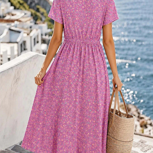 Ladies Midi Dress with Floral Allover Print, Drawstring Waistband and Button Placket Mune Fashion
