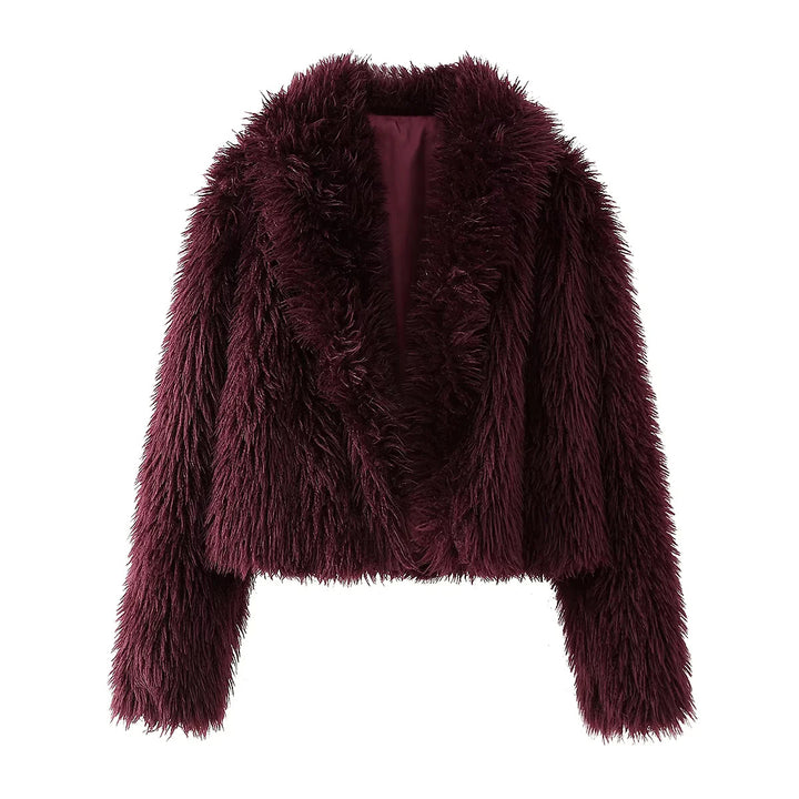 Ladies short-cut faux fur bomber jacket with full pile and shawl collar Mune Fashion