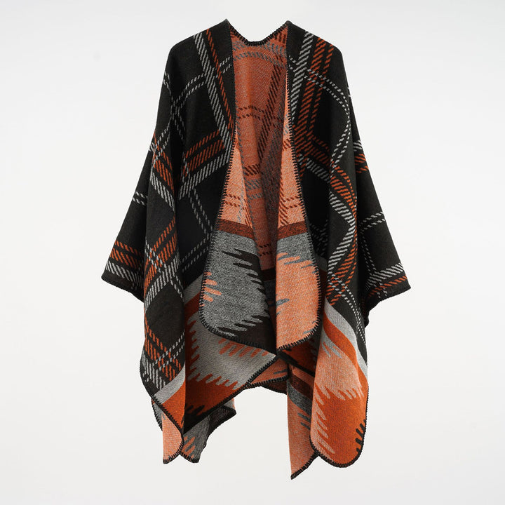 Women's coarse-woven ruana overlay made of a wool blend with structured check weaving Mune Fashion