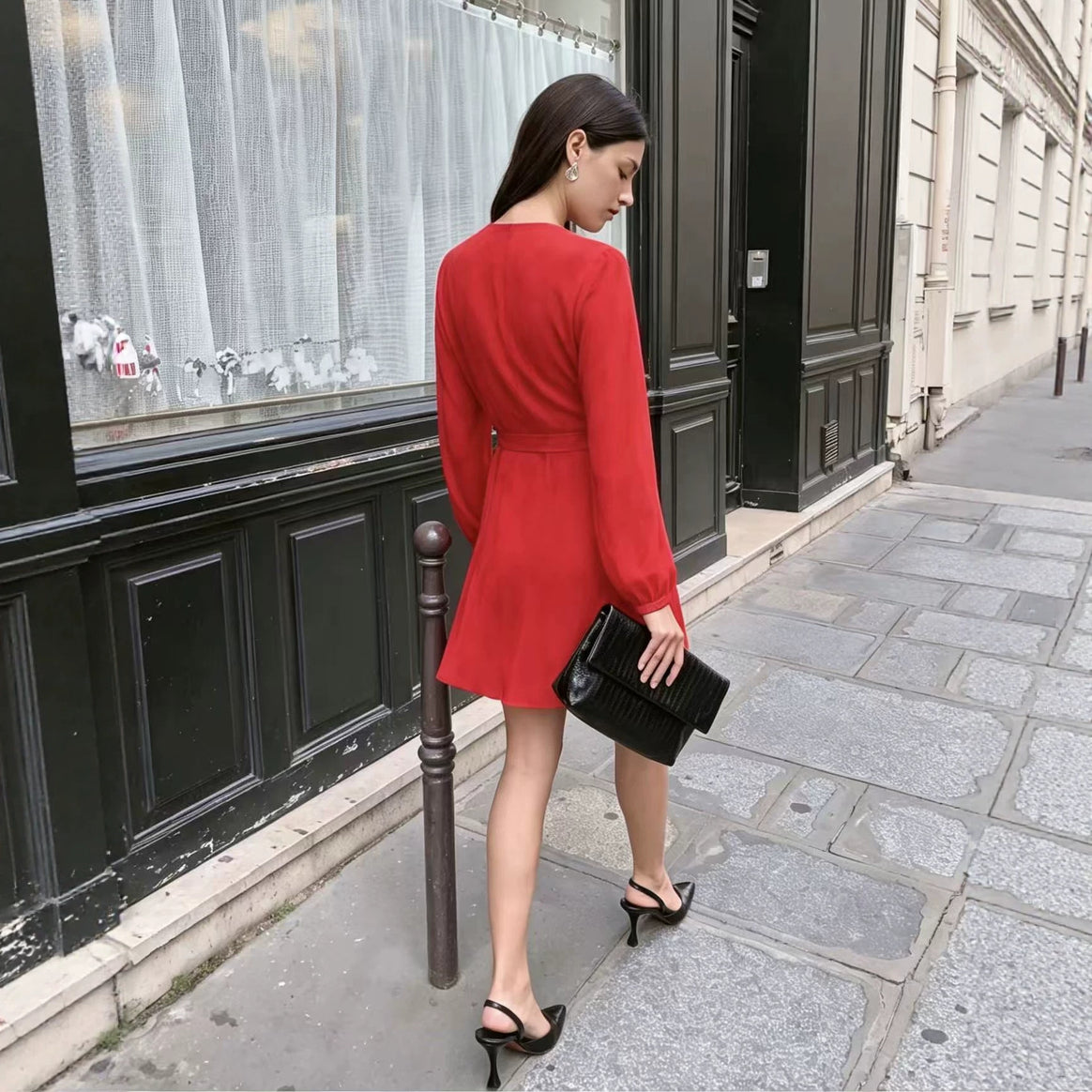 Ladies Elegant Wrap Mini Dress with Deep V-Neck and Long Sleeves Mune Fashion